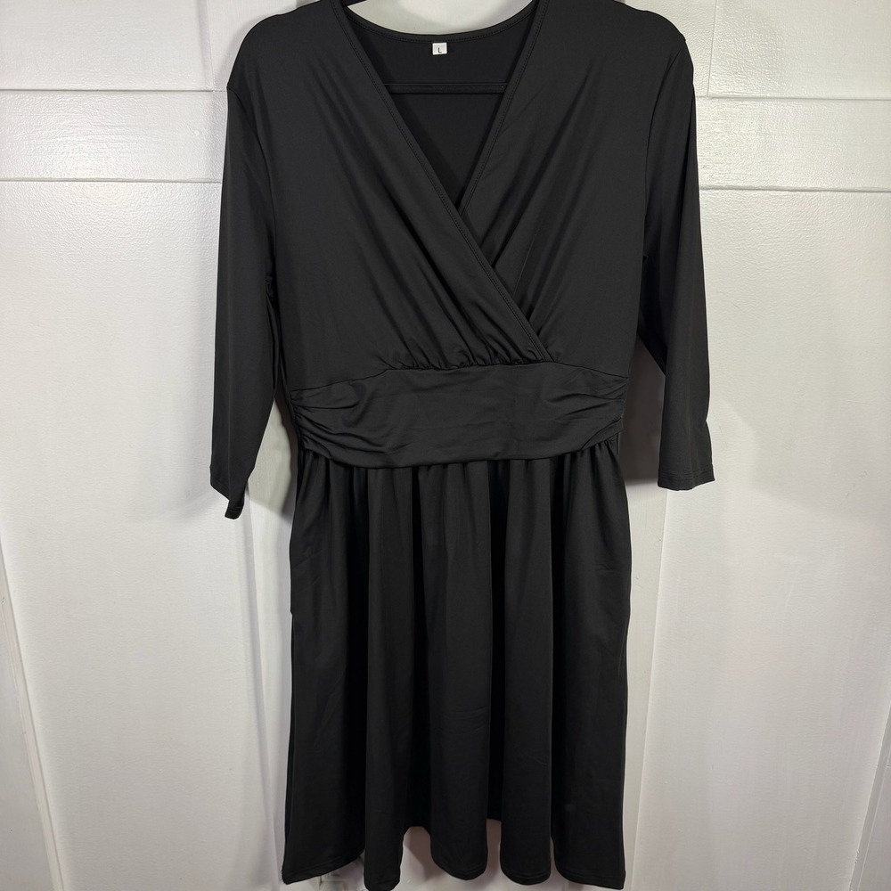 Black V Neck 3/4 Sleeve Ruched Waist Midi Dress‎ Size L Pockets
